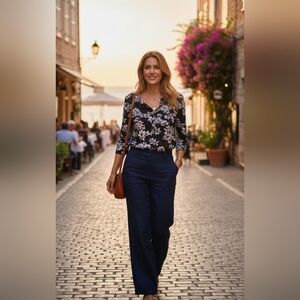 Cathy Floral Black & White Top Medium | Classic Printed Short Sleeve Blouse